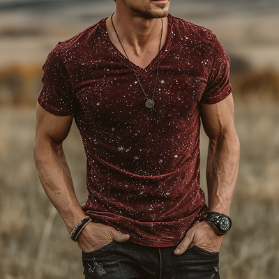 Hugh | Men'S Retro Casual Star Print Velvet V-Neck Short Sleeve T-Shirt