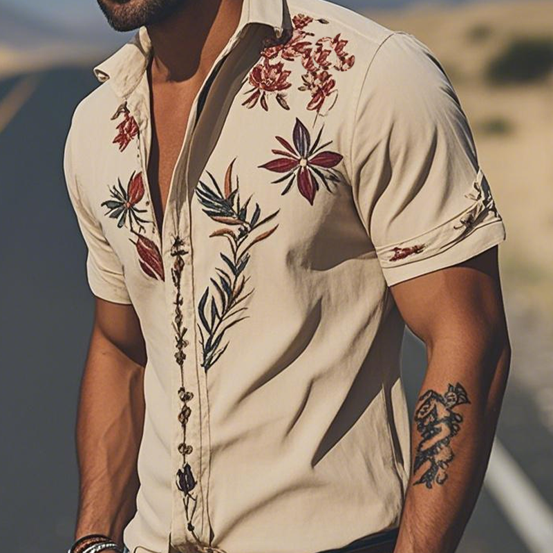 Men's Spring/Smmer Fashion Retro Western Style Sede Embroidered Short Sleeve Shirt