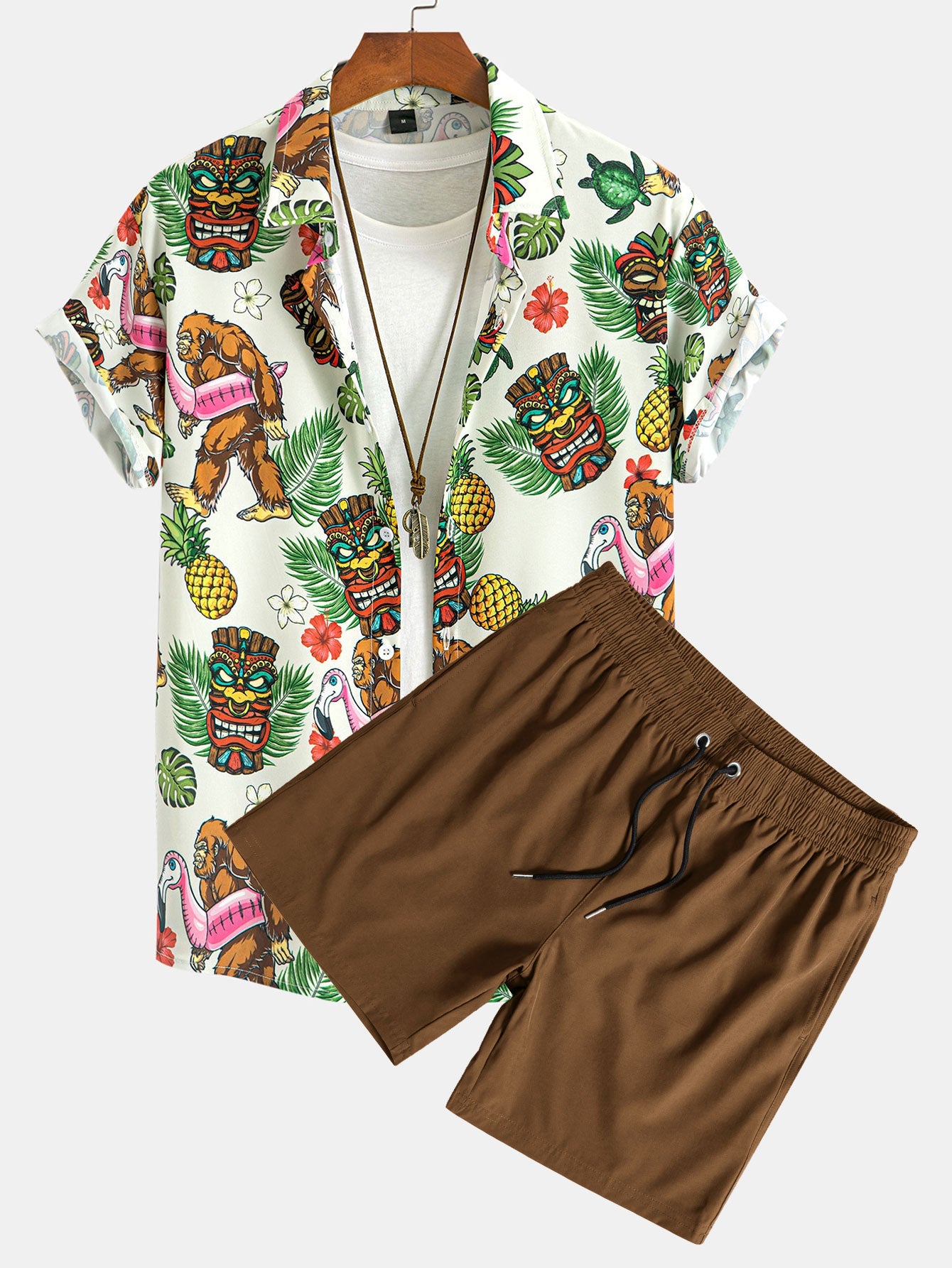 Leon® | Tropical Tiki Bigfoot Print Button Up Shirt & Solid Drawstring Swim Shorts