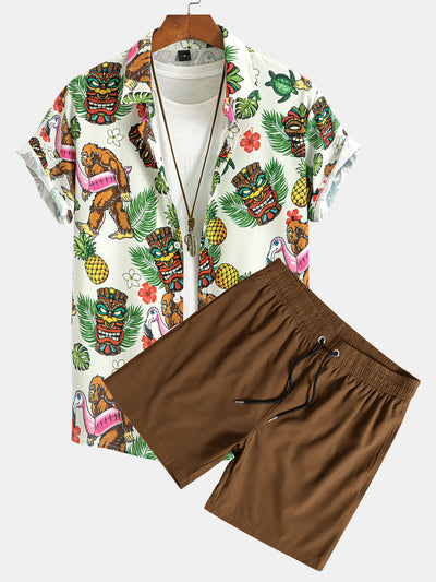 Leon® | Tropical Tiki Bigfoot Print Button Up Shirt & Solid Drawstring Swim Shorts