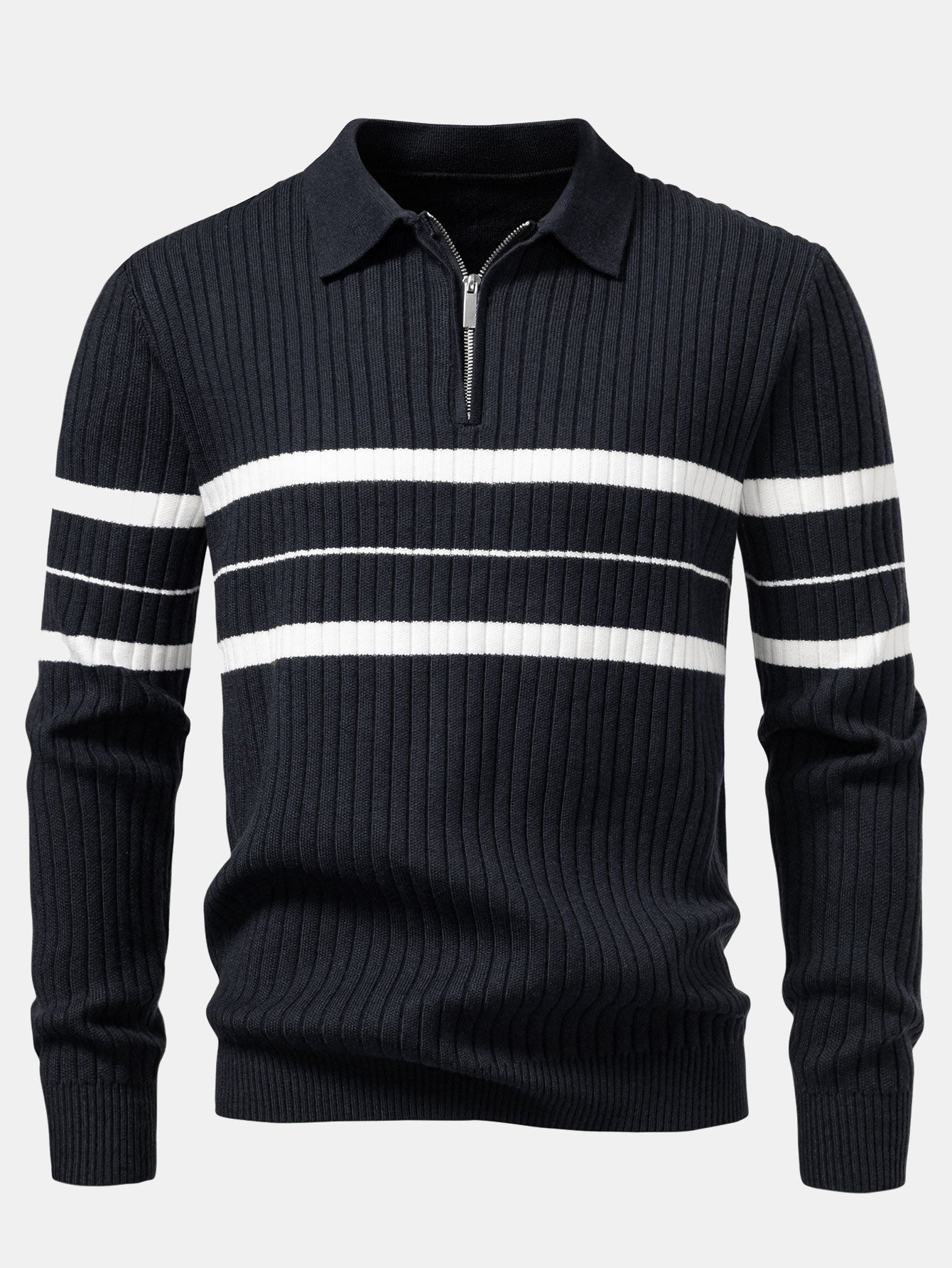 Aldemir® | Stripe Zip Knit Ribbed Polo Shirt
