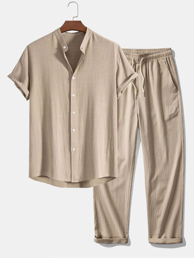 Donato® | Linen And Rayon Blend Stand Collar Shirt & Wrinkle Textured Straight Leg Pants