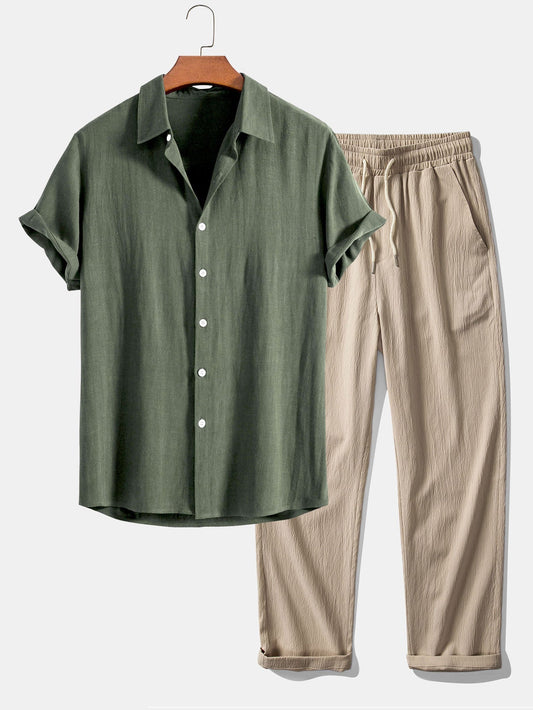 Jeremías® | Linen Rayon Blend Button Up Shirt & Wrinkle Textured Straight Leg Pants