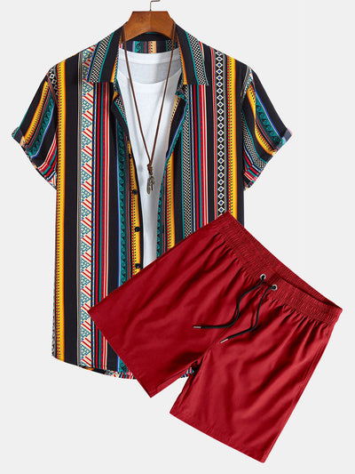 Silvio® | Ethnic Geometric Print Button Up Shirt & Swim Shorts