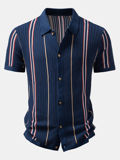 hola CROCHET STRIPED SHIRT WITH BUTTONS & STRAIGHT LEG LINEN PANTS