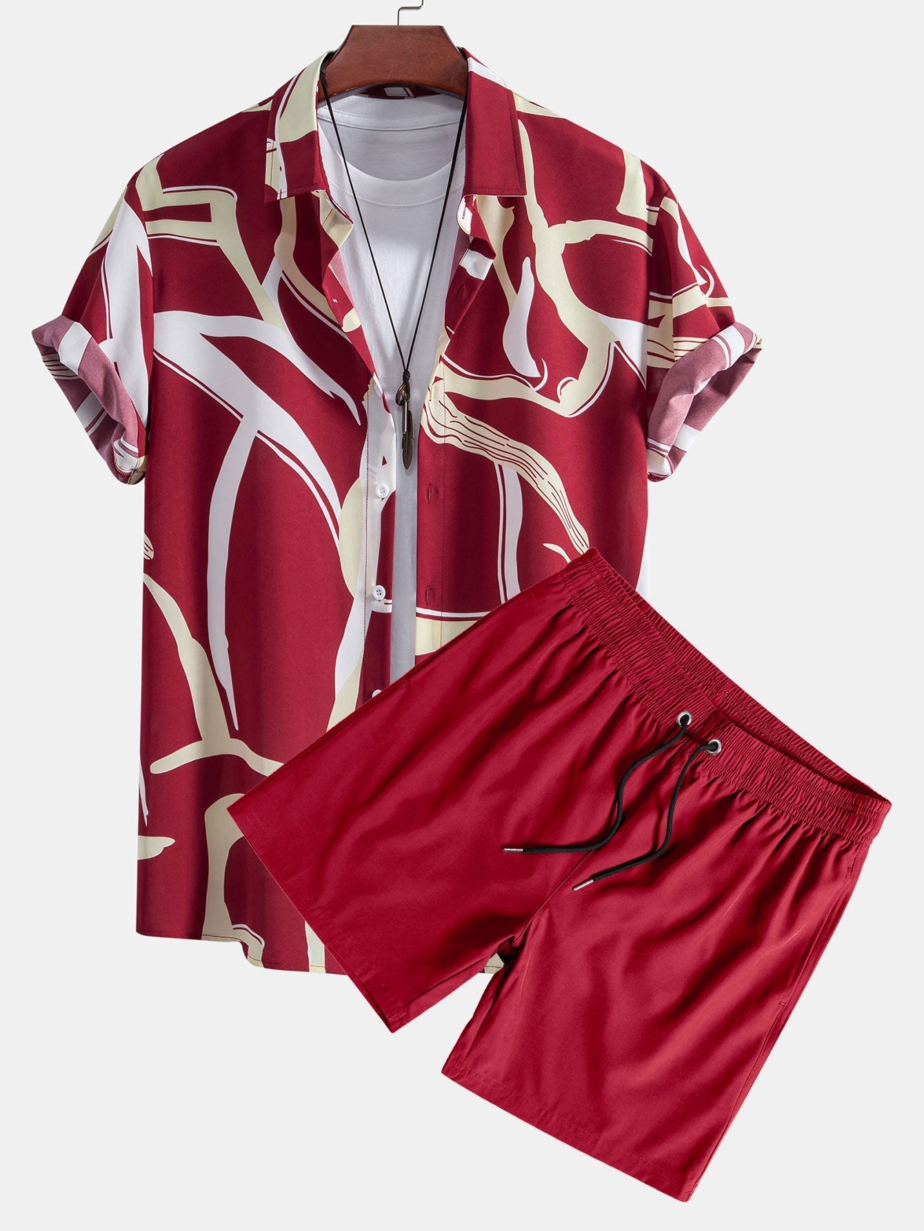 Afan® | Abstract Print Button Up Shirt & Solid Drawstring Swim Shorts