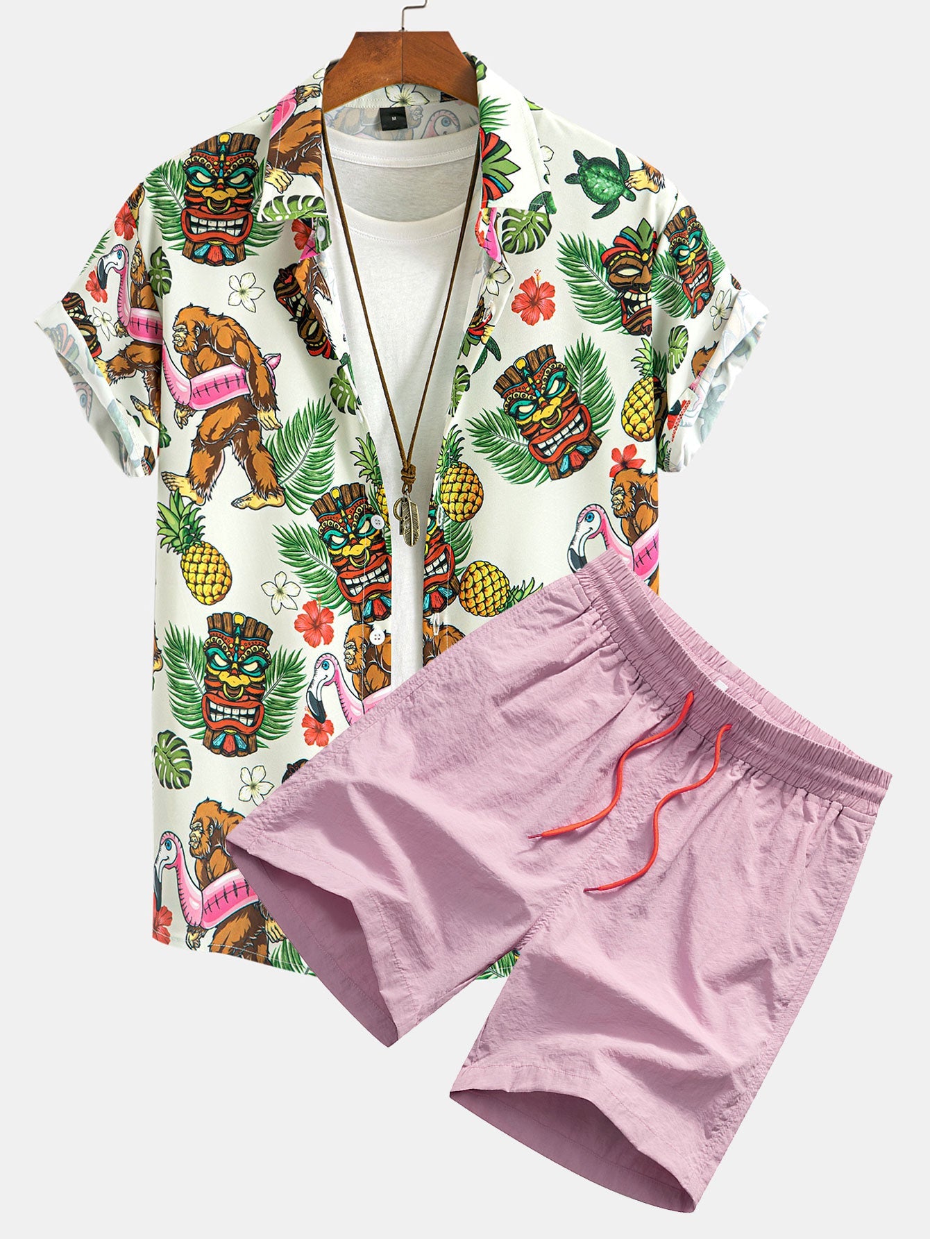 Marvin® | Tropical Tiki Bigfoot Print Button Up Shirt & Man Mid Length Drawstring Swim Shorts