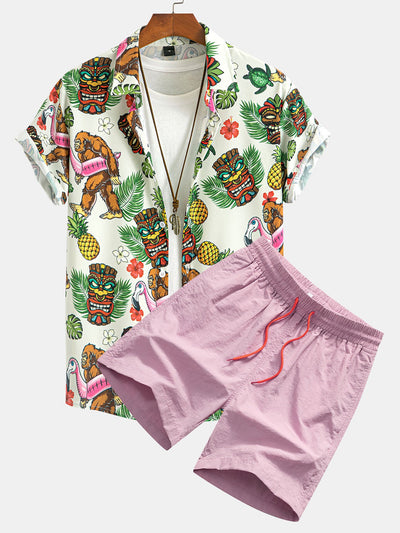 Marvin® | Tropical Tiki Bigfoot Print Button Up Shirt & Man Mid Length Drawstring Swim Shorts