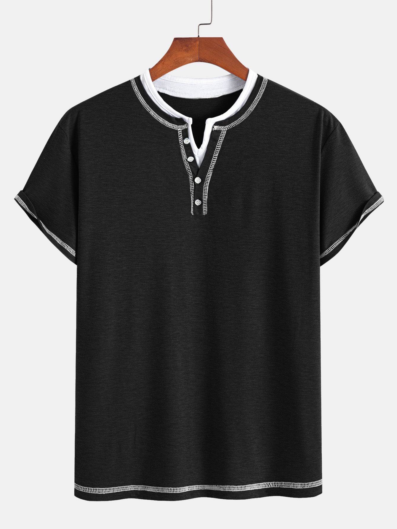 William® | 2-in-1 Notched Collar Contrast Stitching T-Shirt