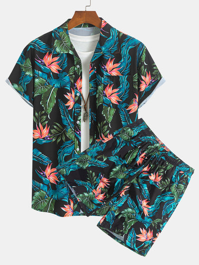 Layton® | Tropical Plants Print Button Up Shirt & Drawstring Swim Shorts