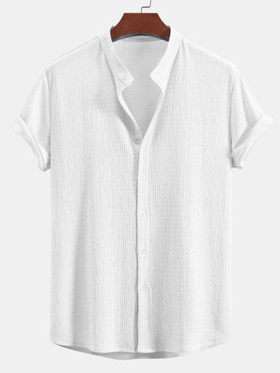 Yaxkin® | Muscle Fit Wrinkled Textured Stand Collar Shirt