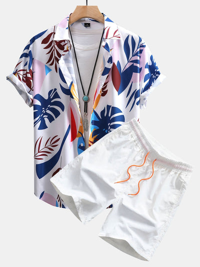 Adonis® | Colorful Leaf Print Button Up Shirt & Swim Shorts