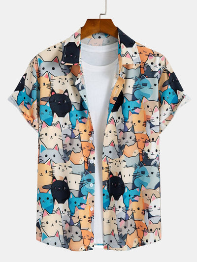 Imran® | Cartoon Cat Print Button Up Shirt & Drawstring Swim Shorts