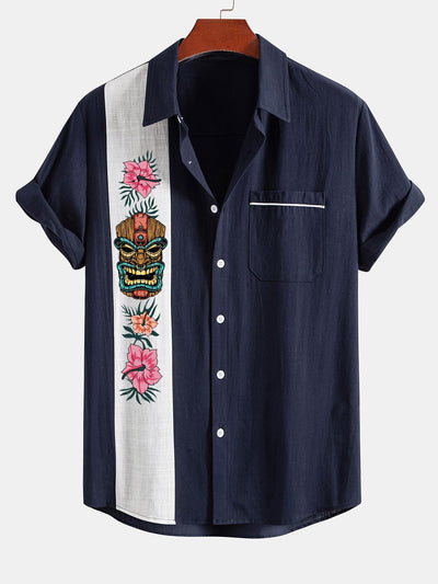 Lázaro® | Tiki Tribe Hawaii Print Linen Look Contrast Button Up Shirt