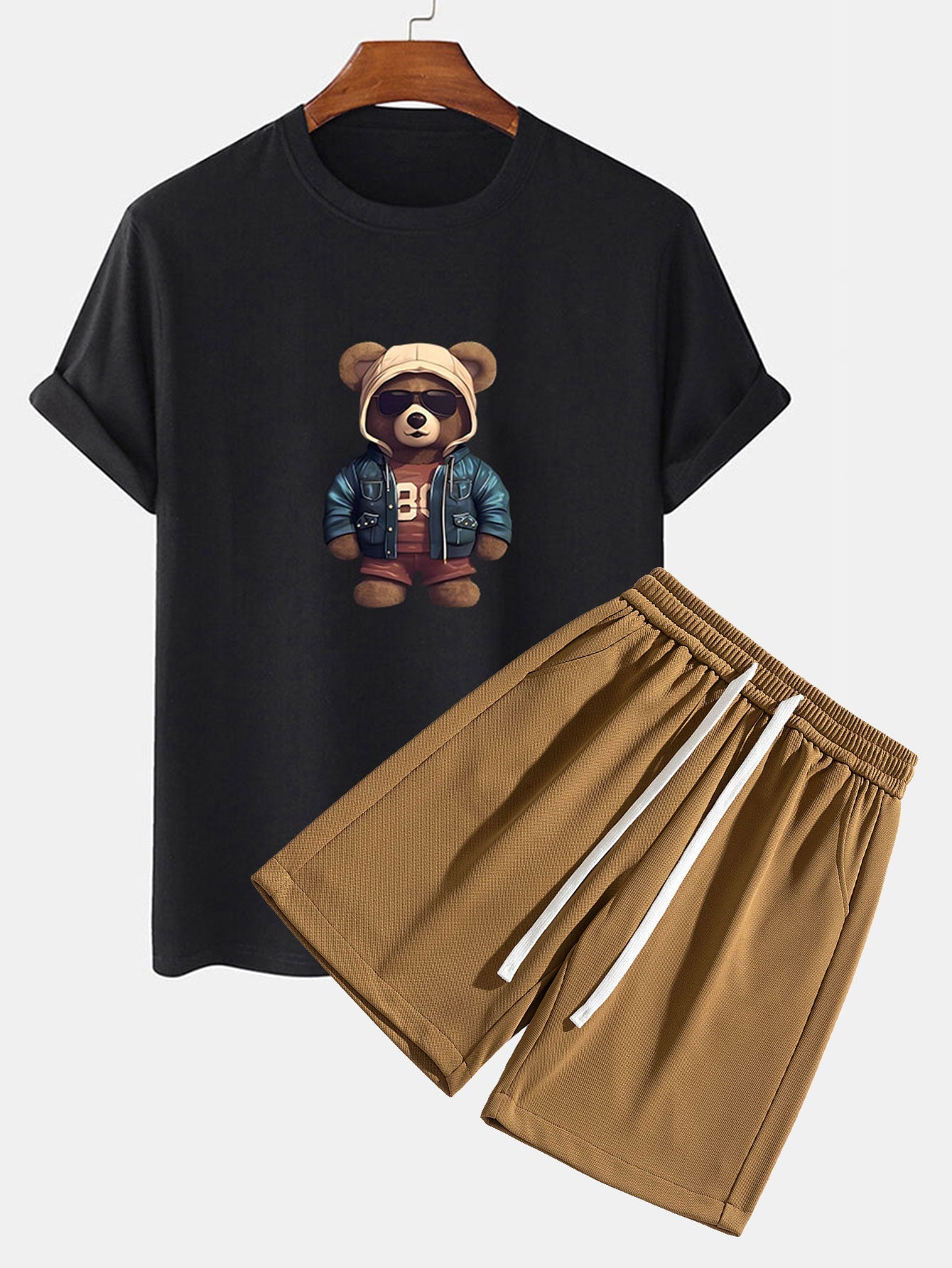 Adriano® | Bear In Leather Jacket Print T-Shirt & Textured Shorts