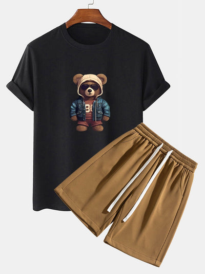 Adriano® | Bear In Leather Jacket Print T-Shirt & Textured Shorts