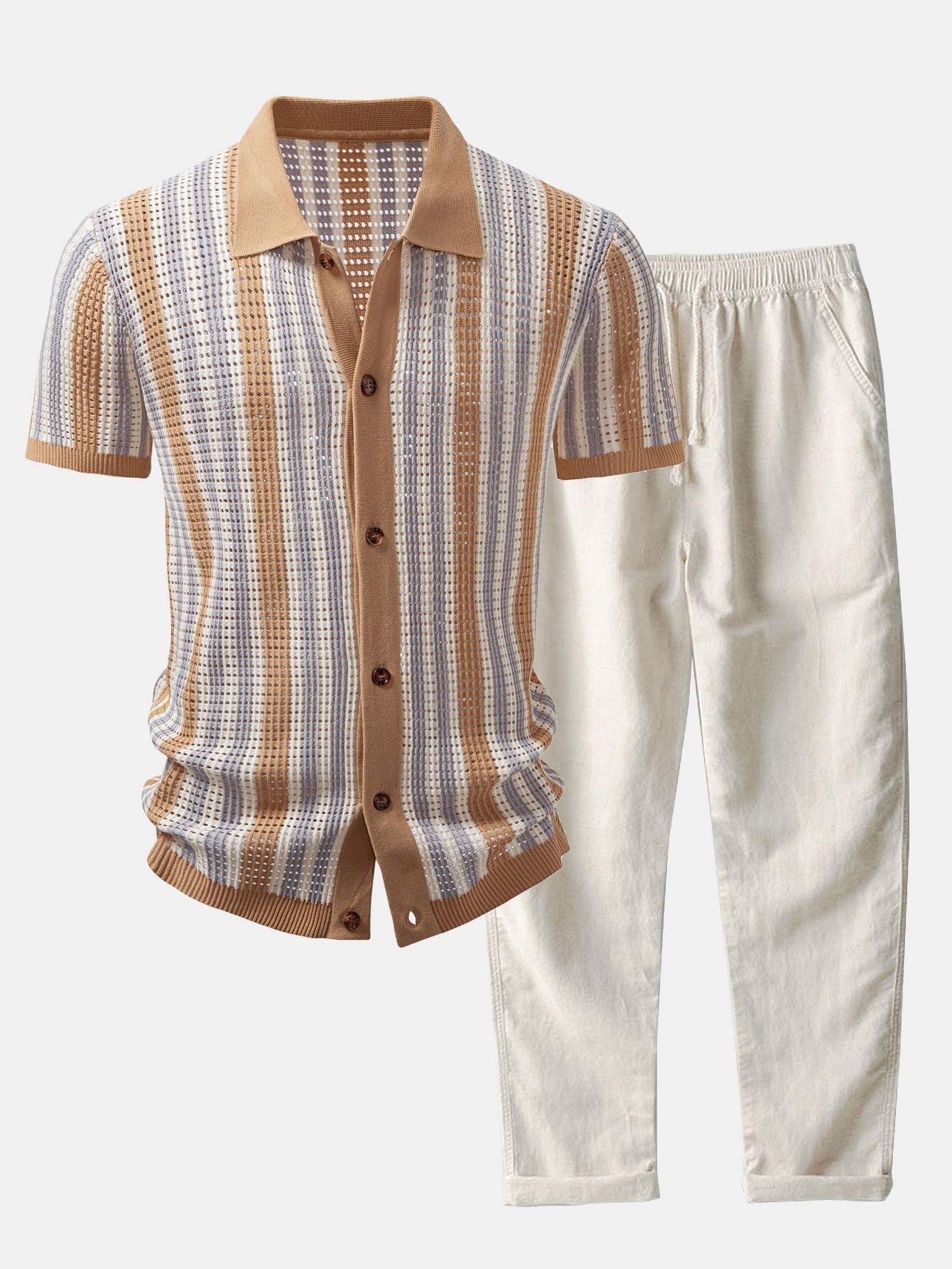 hola STRIPED SHIRT WITH CROCHET EYELETS & STRAIGHT LEG LINEN PANTS