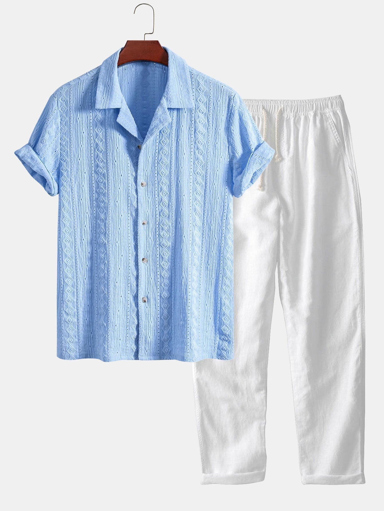 Afan® | Geometric Jacquard Textured Cuban Shirt & Straight Leg Linen Pants