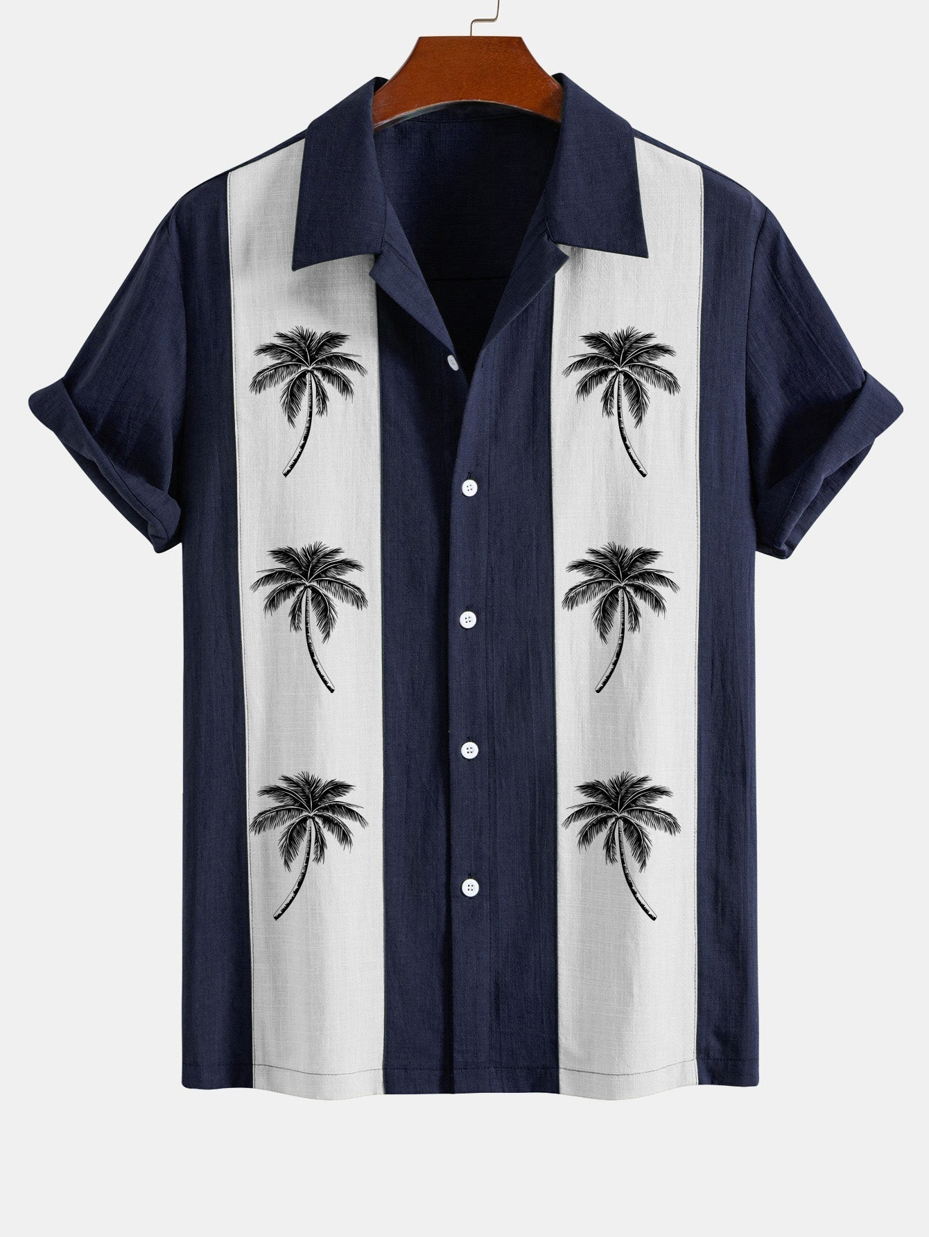Alfon® | Palm Tree Print Linen Look Patchwork Bowling Shirt