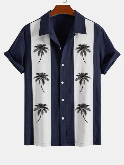 Alfon® | Palm Tree Print Linen Look Patchwork Bowling Shirt