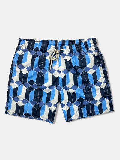 Benicio® | Linen Rayon Blend Button Up Shirt & Geometric Color Block Print Swim Shorts