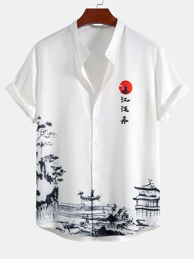 Mahoma® | Ink Landscape Painting Stand Collar Shirt