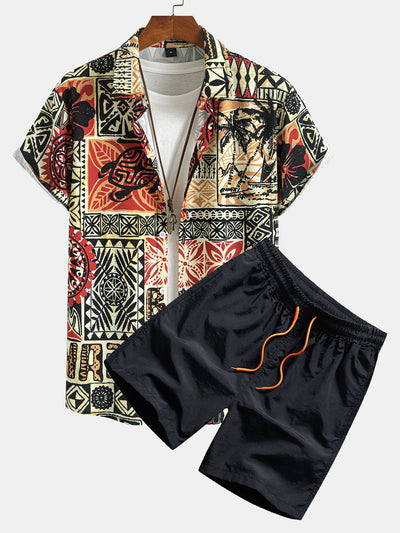 Chuck® | Palm Tree Turtle Ethnic Geometry Print Button Up Shirt & Swim Shorts