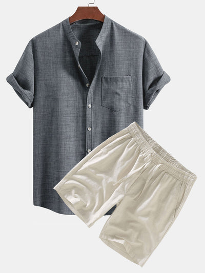 Agustin® | Short Sleeve Stand Collar Shirt & Linen Drawstring Shorts