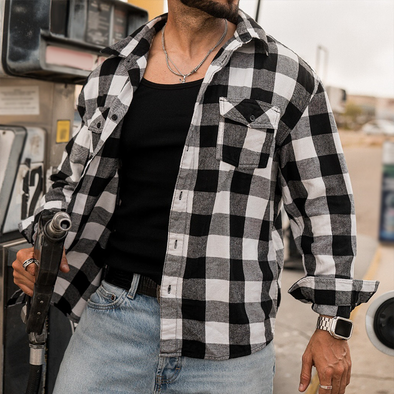 Blake | Men'S Retro Casual Handsome Plaid Motorcycle Style Lapel Long Sleeve Shirt