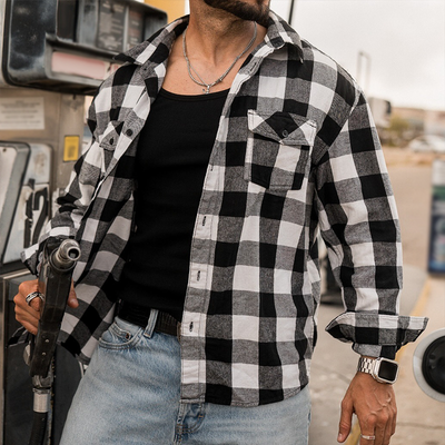 Blake | Men'S Retro Casual Handsome Plaid Motorcycle Style Lapel Long Sleeve Shirt