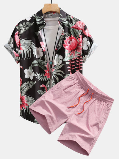 Urbano® | Flamingo Flower Print Button Up Shirt & Swim Shorts