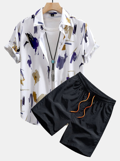 Adrean® | Brushstroke Print Button Up Shirt & Swim Shorts