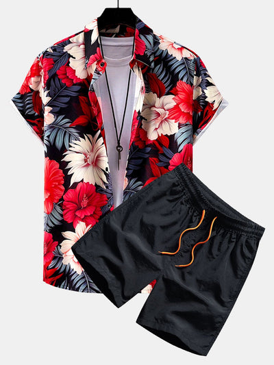 Juan® | Tropical Flowers Print Button Up Shirt & Swim Shorts