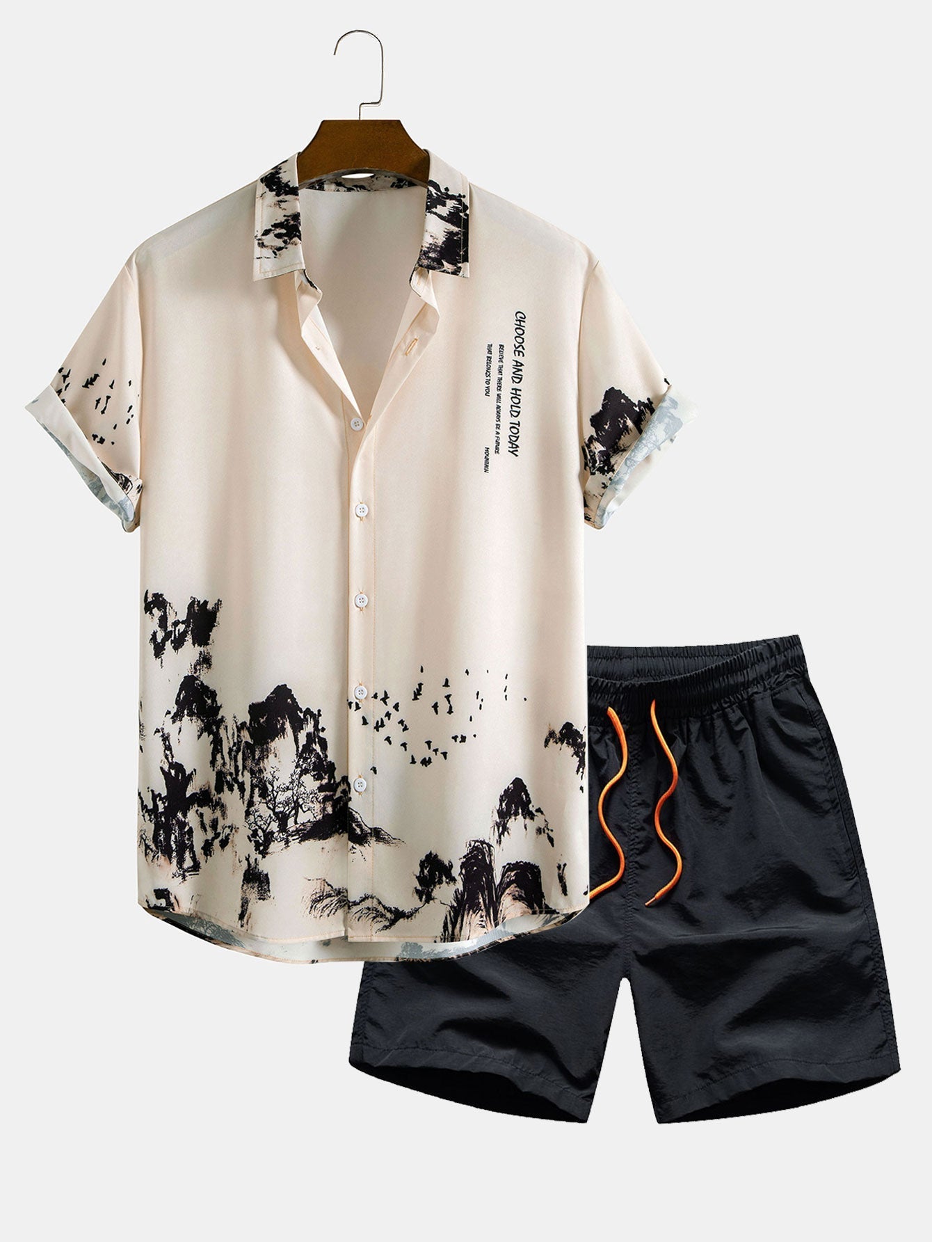 Facundo® | Ink Mountain Shirt & Man Mid Length Drawstring Swim Shorts