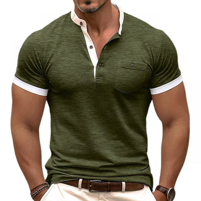 Roscoe | Men'S Casual Colorblock Cotton Henley Collar Patch Pocket Slim Fit Short Sleeve T-Shirt