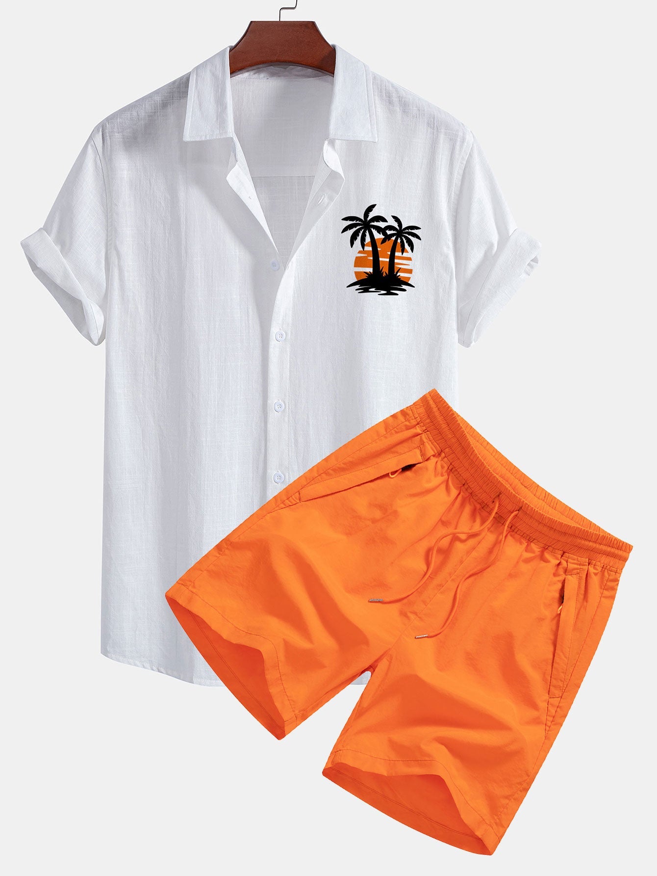 Johan® | Sunset Palm Trees Print Linen Look Cotton Button Up Shirt & Swim Shorts