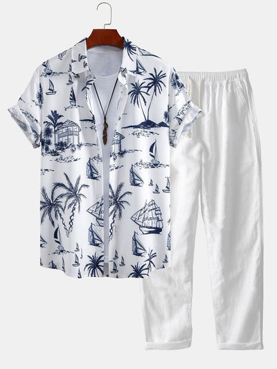 Cleto® | Island Sailing Print Button Up Shirt & Straight Leg Linen Pants
