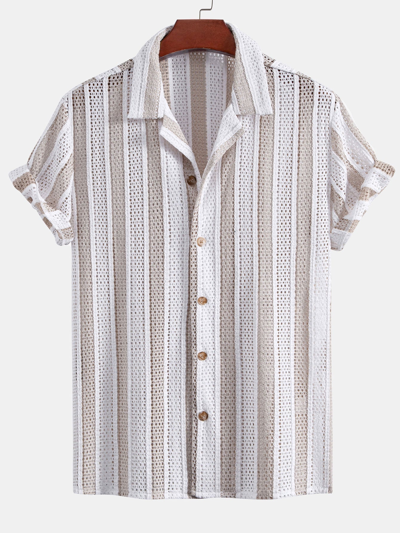 Josafat® | Striped Mesh Cuban Shirt & Wrinkle Textured Straight Leg Pants