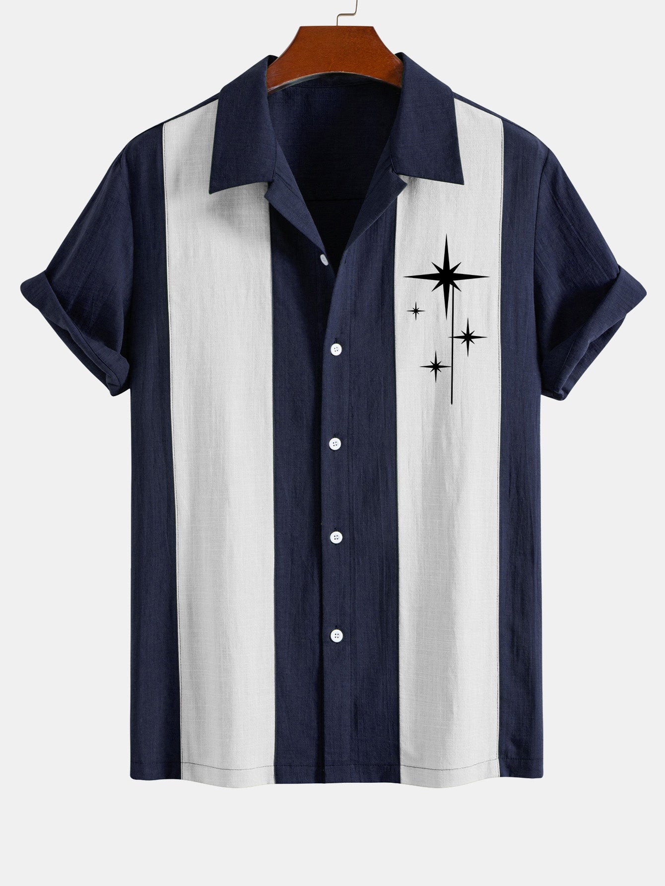 Amelius® | Mid Century Starbursts Print Linen Look Patchwork Bowling Shirt