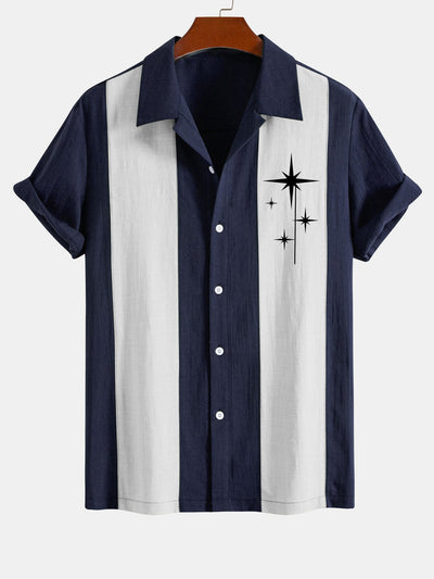 Amelius® | Mid Century Starbursts Print Linen Look Patchwork Bowling Shirt