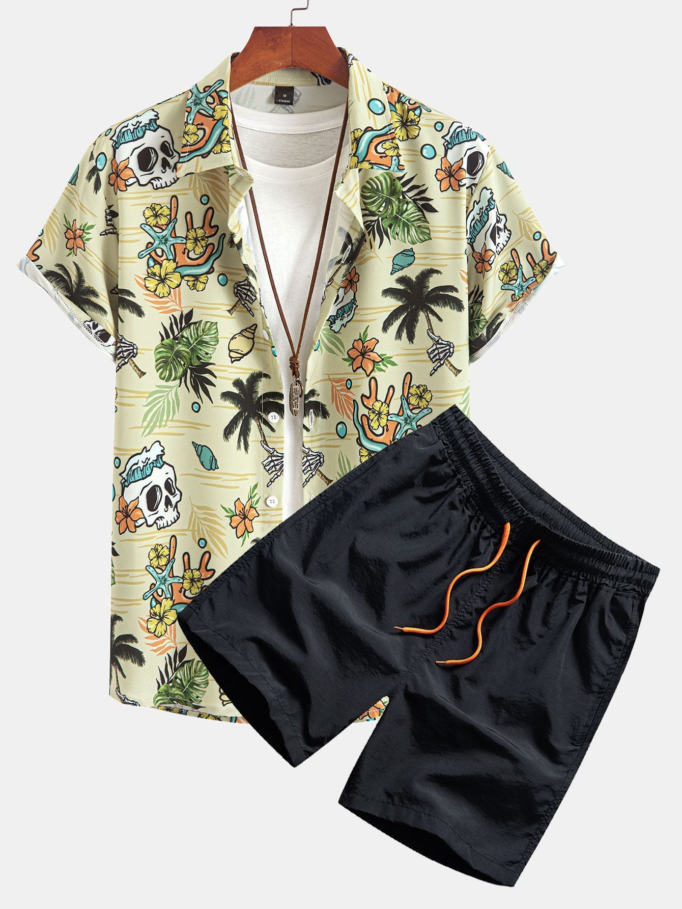 Gonzalo® | Tropical Wilderness Skull Print Button Up Shirt & Man Mid Length Drawstring Swim Shorts