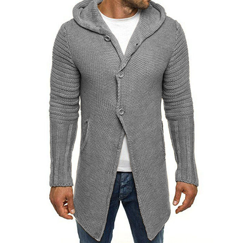 Men's Casual Hooded Single Breasted Long Sleeve Mid Length Knit Cardigan
