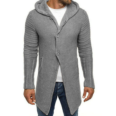 Men's Casual Hooded Single Breasted Long Sleeve Mid Length Knit Cardigan