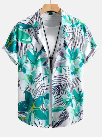 Caleb® | Flower Plants Print Button Up Shirt & Swim Shorts