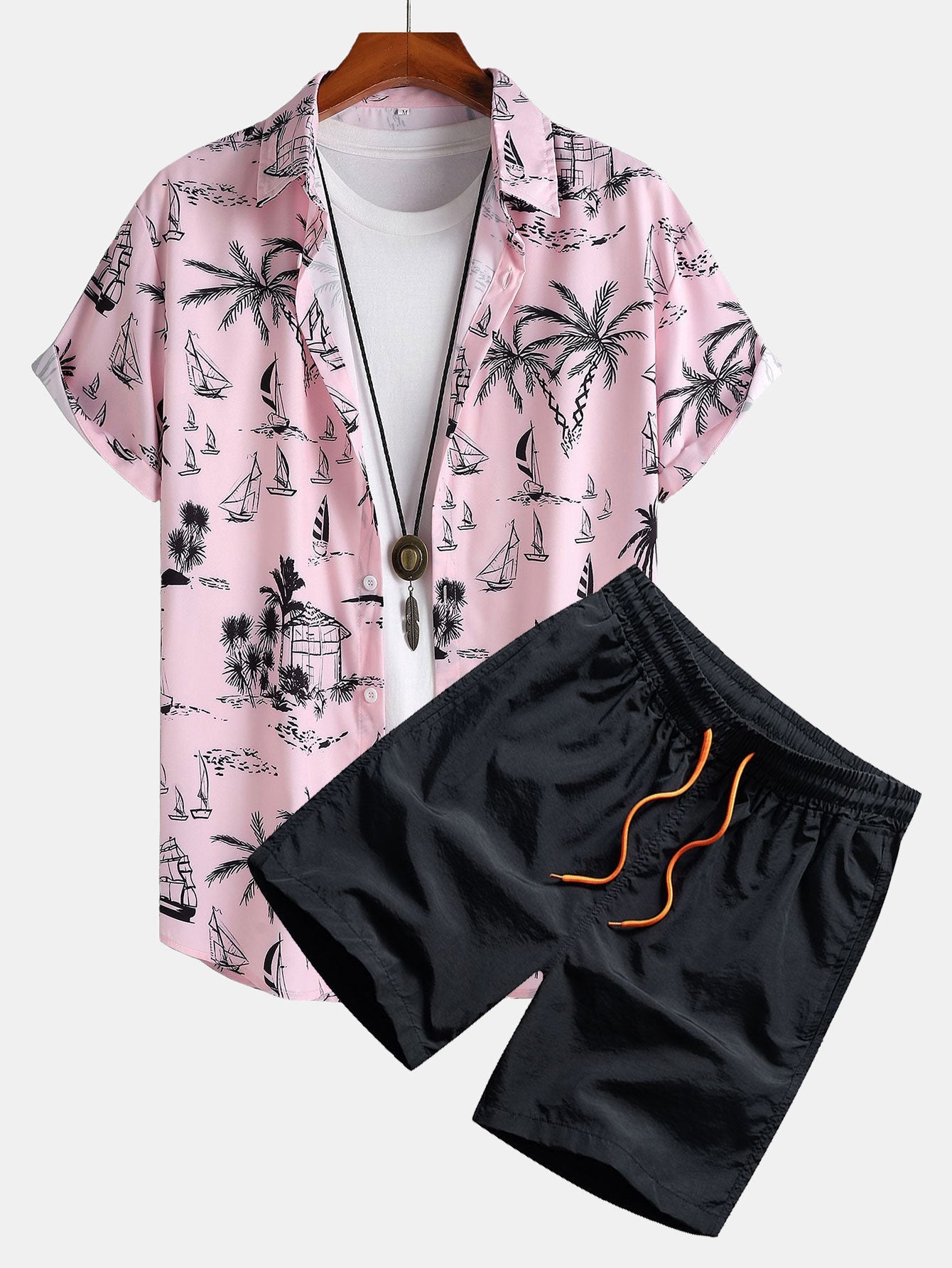 Hermes® | Palm Tree Sailboat Print Button Up Shirt & Swim Shorts