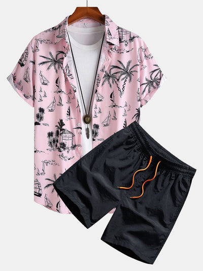 Hermes® | Palm Tree Sailboat Print Button Up Shirt & Swim Shorts