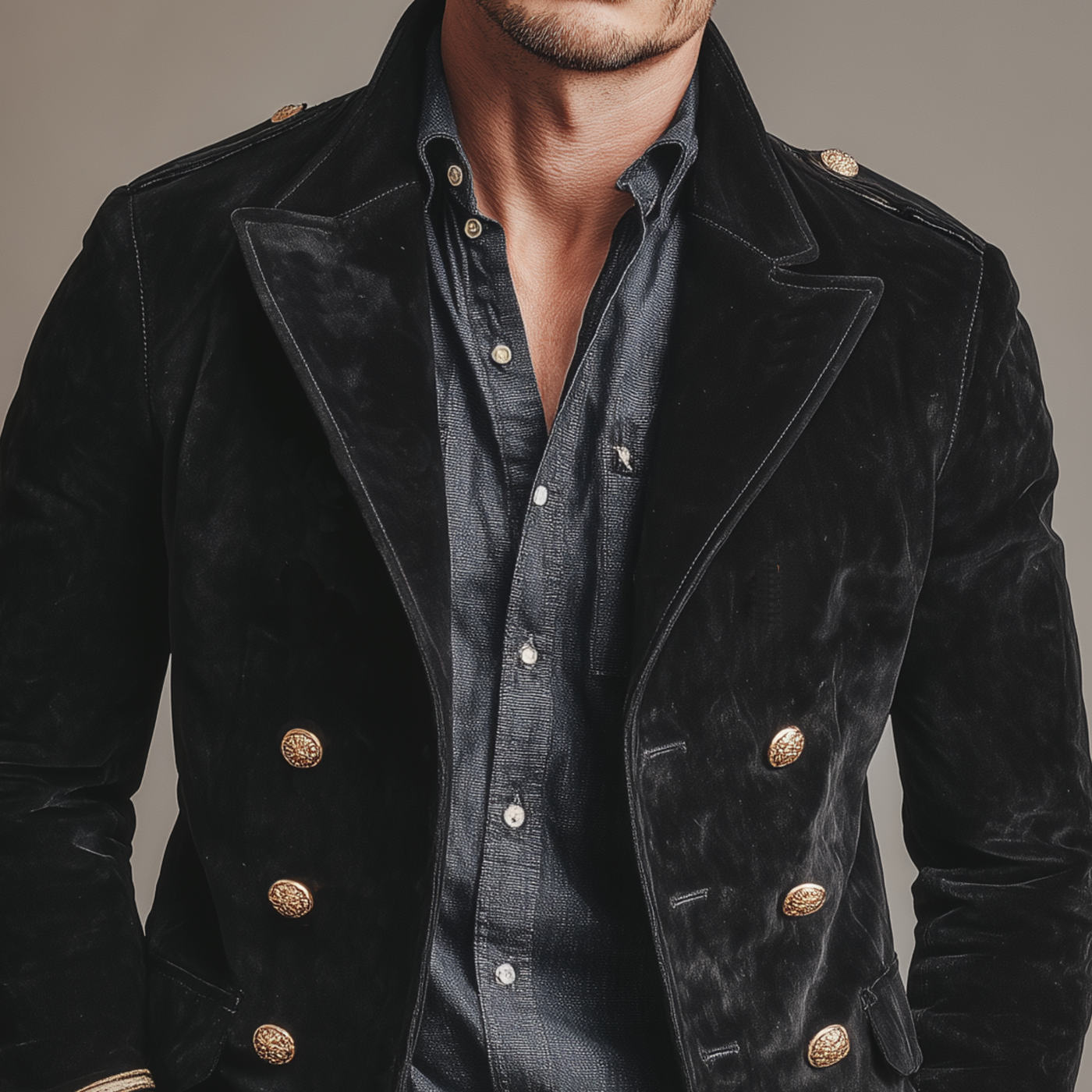 Men's Classic Retro Lapel Doble-breasted Epalette Fax Velvet Jacket