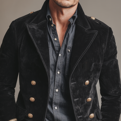 Men's Classic Retro Lapel Doble-breasted Epalette Fax Velvet Jacket