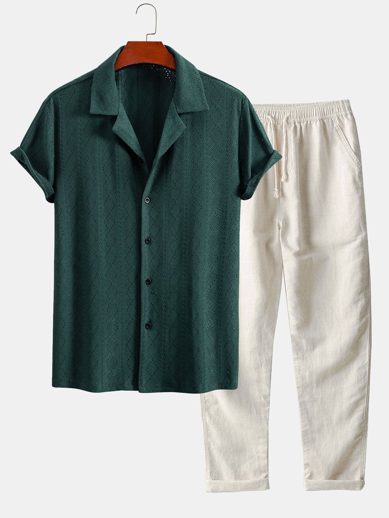 Jerónimo® | Muscle Fit Diamond Texture Cuban Shirt & Straight Leg Linen Pants