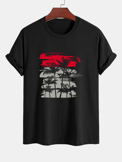 David® | Palm Tree Silhouette Print Cotton T-Shirt & Solid Drawstring Swim Shorts